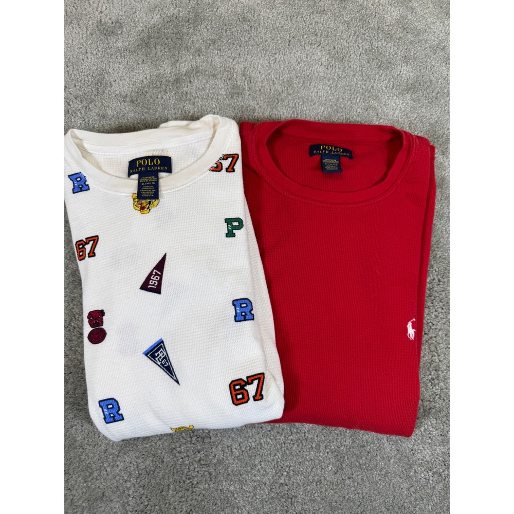 Polo Ralph Lauren Mens XL Thermal Shirt Lot 2 White Collegiate Print Red Waffle